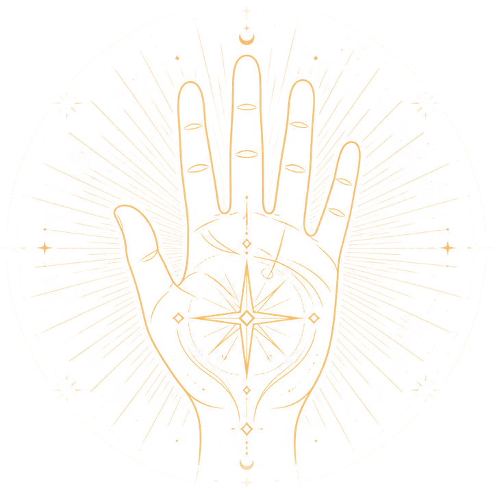 Gold line-art of an open palm with an eight-pointed star in its centre, ringed by constellations